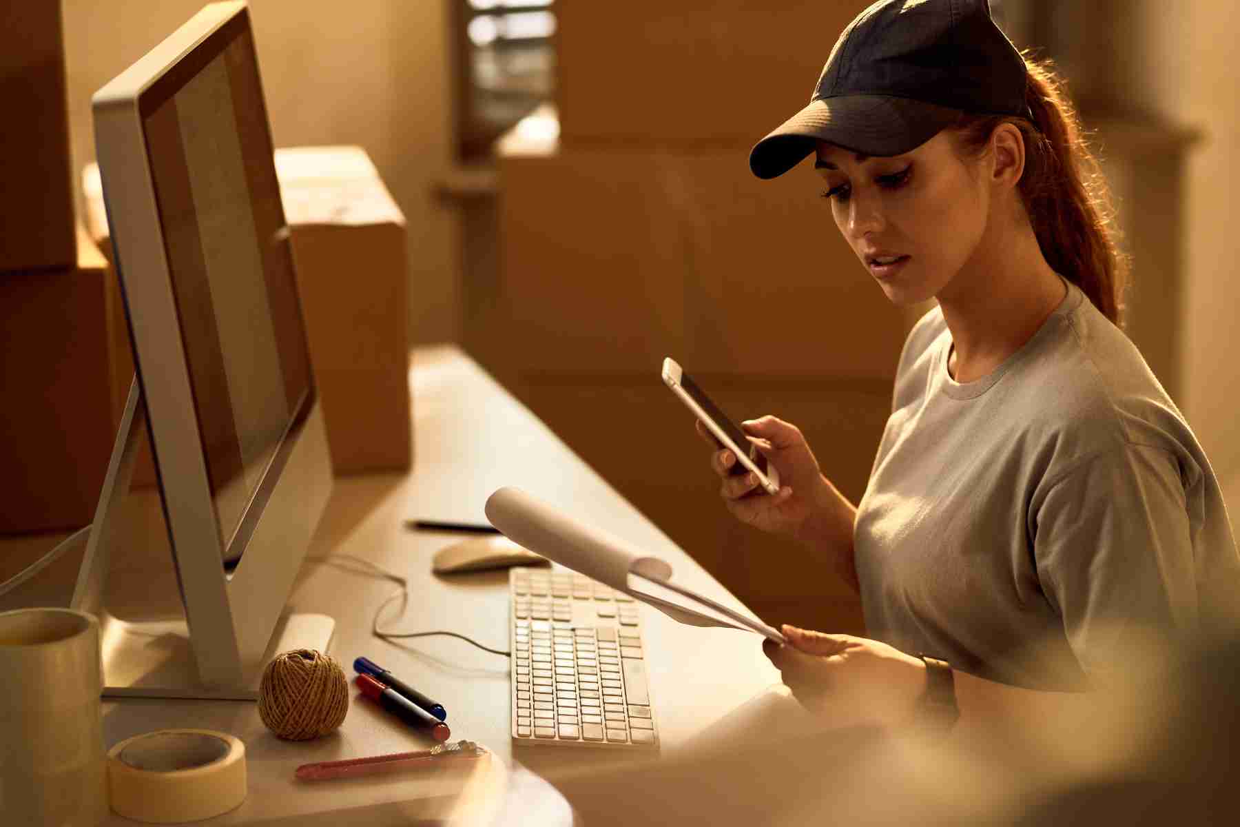 young delivery woman using mobile phone while going through dispatch list office